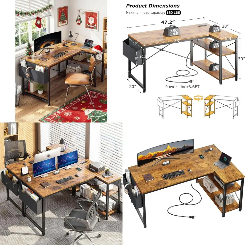 Brown Corner L-Shaped Computer Desk with Power Outlets, Storage Shelves, and Side Bag for Compact Home Office and Study Space
Brown Corner L-Shaped Computer Desk with Power Outlets, Storage Shelves, and Side Bag for Compact Home Office and Study Space