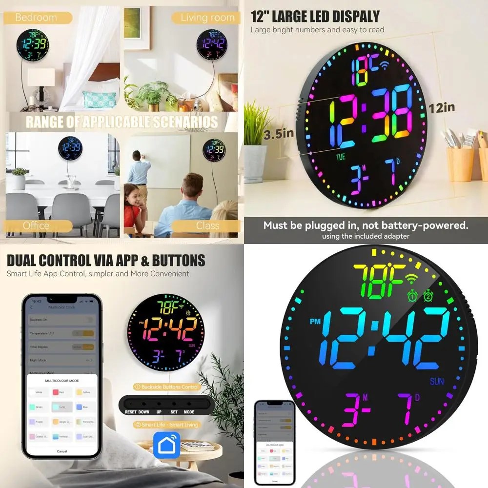 WiFi-Enabled 12 LED Wall Clock with App Control, Color Options, Dual Alarms, and Temperature Display for Home or Office
WiFi-Enabled 12 LED Wall Clock with App Control, Color Options, Dual Alarms, and Temperature Display for Home or Office