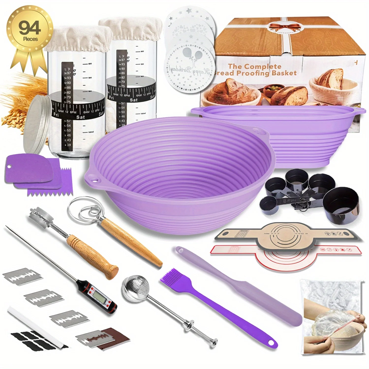 Sourdough Bread Fermentation Kit: 94pcs Set, 9-Inch Round + 10-Inch Oval Proofing Baskets, 2 24-Ounce Sourdough Fermentation Jars, Complete Sourdough Starter Kit Father's Day Gifts
Sourdough Bread Fermentation Kit: 94pcs Set, 9-Inch Round + 10-Inch Oval Proofing Baskets, 2 24-Ounce Sourdough Fermentation Jars, Complete Sourdough Starter Kit Father's Day Gifts