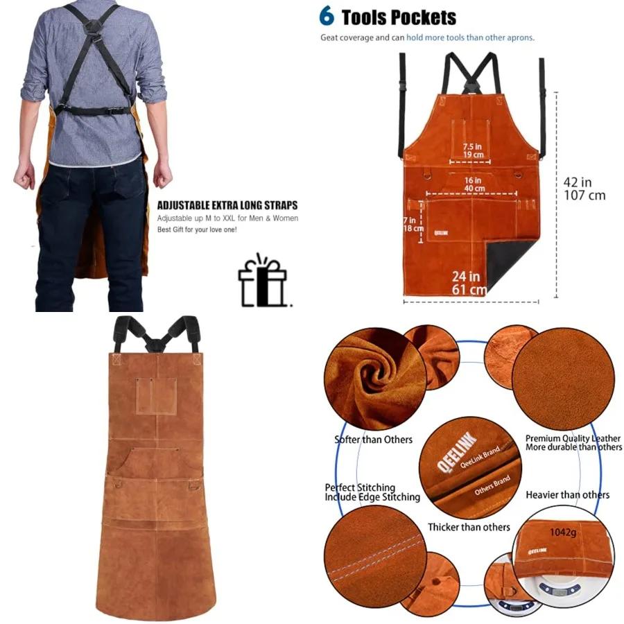 Leather Welding Apron with 6 Pockets - Heat Flame-Resistant Apron, 24'' X 42'', Adjustable M to XXXL
Leather Welding Apron with 6 Pockets - Heat Flame-Resistant Apron, 24'' X 42'', Adjustable M to XXXL