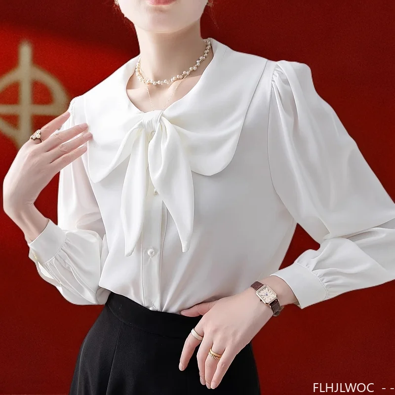 Топы с галстуком-бабочкой, женская дизайнерская одежда в корейском стиле, элегантные офисные женские топы с длинными рукавами, милые базовые белые рубашки с лентой, блузки 
Топы с галстуком-бабочкой, женская дизайнерская одежда в корейском стиле, элегантные офисные женские топы с длинными рукавами, милые базовые белые рубашки с лентой, блузки