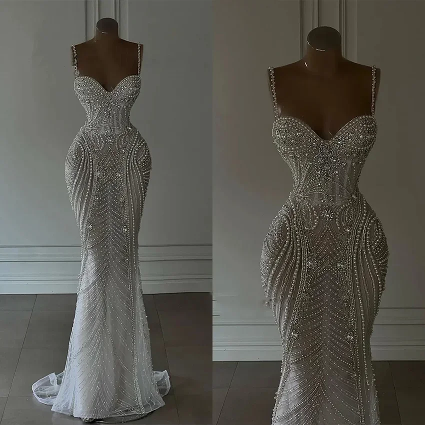Romantic Pearls Mermaid Evening Dresses Sleeveless Customized Bride Gowns Spaghetti Straps Dinner Party Dresses
Romantic Pearls Mermaid Evening Dresses Sleeveless Customized Bride Gowns Spaghetti Straps Dinner Party Dresses