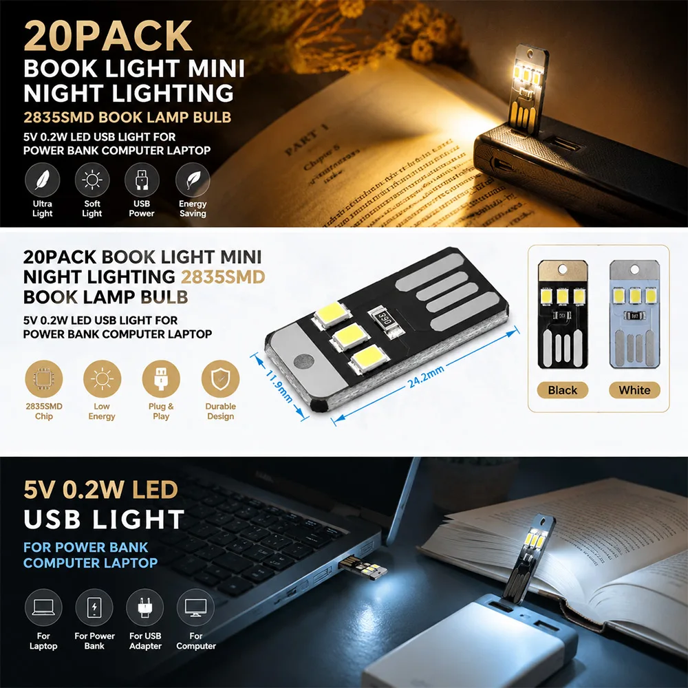 20Pcs Mini Book Light Night Reading Lighting 2835SMD LED Book Lamp Bulb 5V 0.2W USB Powered for Power Bank Computer Laptop
20Pcs Mini Book Light Night Reading Lighting 2835SMD LED Book Lamp Bulb 5V 0.2W USB Powered for Power Bank Computer Laptop