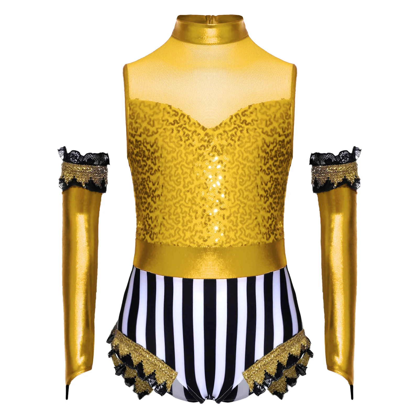 Girls Circus Jumpsuit Outfit Sleeveless Lace Gold Webbing Sequins Bodysuit+Glossy Metallic Over-Sleeve Halloween Cosplay Costume 
Girls Circus Jumpsuit Outfit Sleeveless Lace Gold Webbing Sequins Bodysuit+Glossy Metallic Over-Sleeve Halloween Cosplay Costume