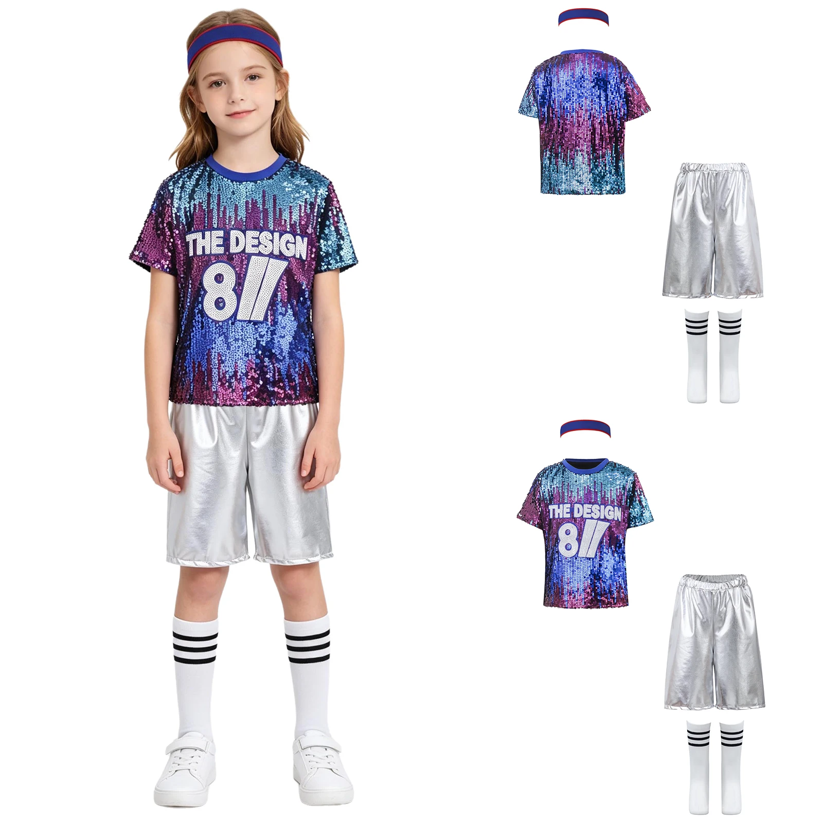 Kids Cheerleading Performance Outfit Short Sleeve T Shirt and Metallic Gloss Pants Set Sparkly Shiny for Stage Competition
Kids Cheerleading Performance Outfit Short Sleeve T Shirt and Metallic Gloss Pants Set Sparkly Shiny for Stage Competition