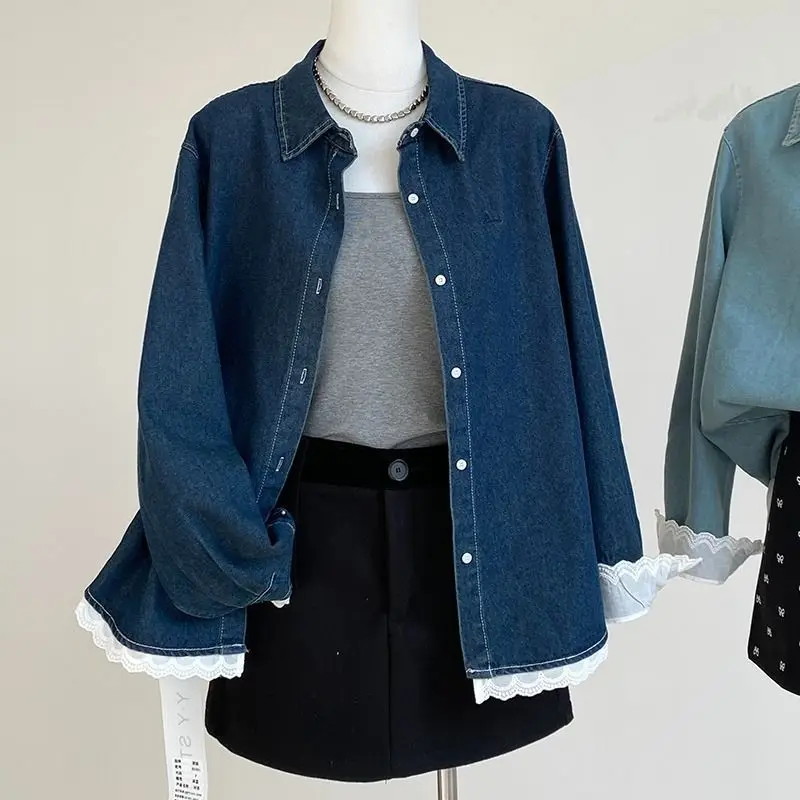 Кружевное сращивание, весенняя новая свободная повседневная универсальная джинсовая рубашка в корейском стиле с длинными рукавами
Кружевное сращивание, весенняя новая свободная повседневная универсальная джинсовая рубашка в корейском стиле с длинными рукавами