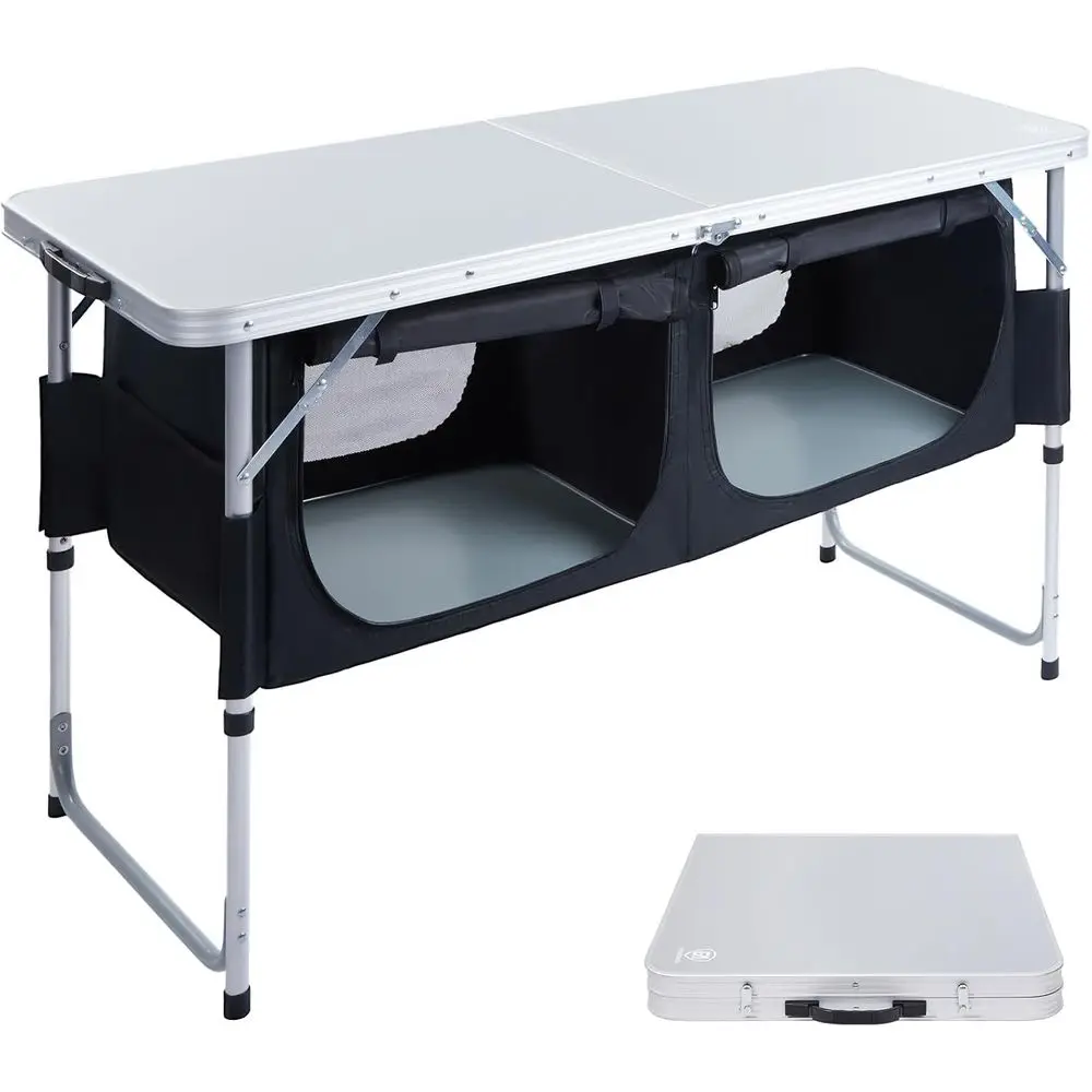 Compact Folding Camping Table with Storage, 4ft x 2ft Composite Top & Adjustable Legs, Ideal for Outdoor Kitchen, Patio, BBQ, an
Compact Folding Camping Table with Storage, 4ft x 2ft Composite Top & Adjustable Legs, Ideal for Outdoor Kitchen, Patio, BBQ, an