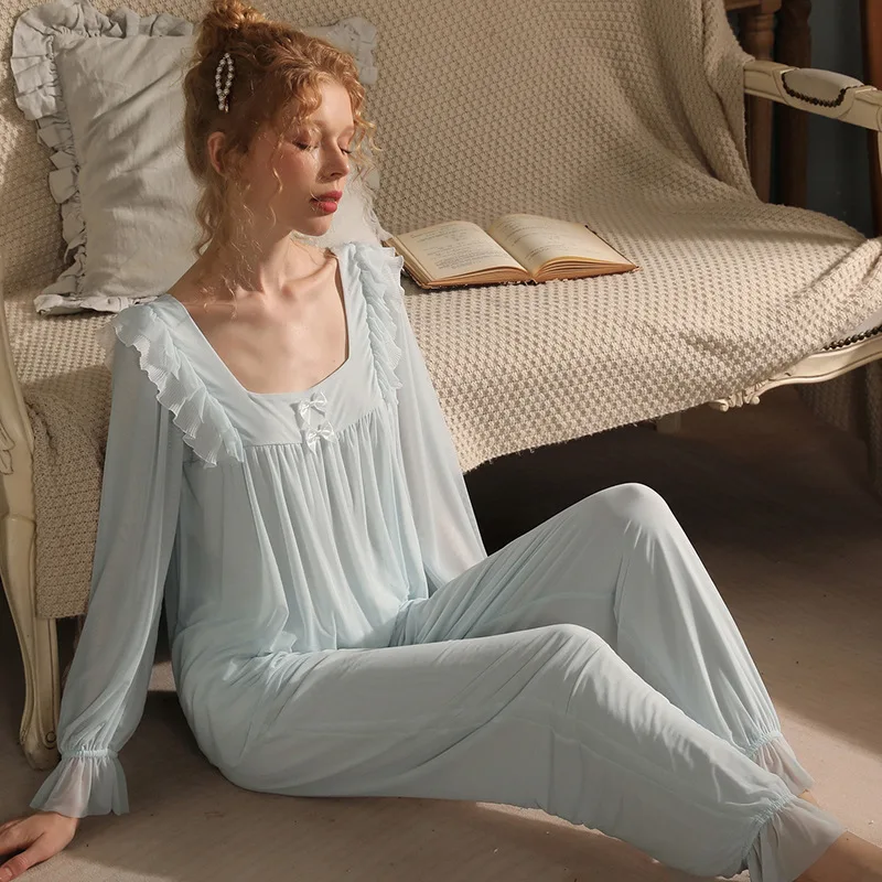 Vintage Spring Mesh Pajamas Fairy Princess Sleepwear Nightwear Lace Loungewear Square Collar Ruffles Tops Pants Two Piece Sets
Vintage Spring Mesh Pajamas Fairy Princess Sleepwear Nightwear Lace Loungewear Square Collar Ruffles Tops Pants Two Piece Sets