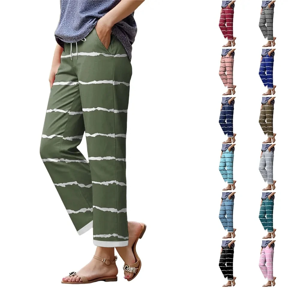 Women's Summer New Beach Pants Stripe Printed Elastic Waist Drawstring Casual Pants With Pockets Female Holiday Party Trousers
Women's Summer New Beach Pants Stripe Printed Elastic Waist Drawstring Casual Pants With Pockets Female Holiday Party Trousers
