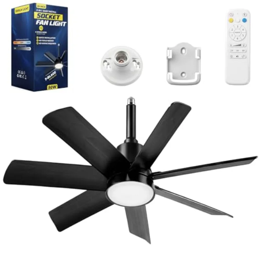 28 Inch Socket Fan Light with Remote Control, Screw in E26/E27 Ceiling Fan with LED Light, 3000-6000K Adjustable Color Temp, 6
28 Inch Socket Fan Light with Remote Control, Screw in E26/E27 Ceiling Fan with LED Light, 3000-6000K Adjustable Color Temp, 6