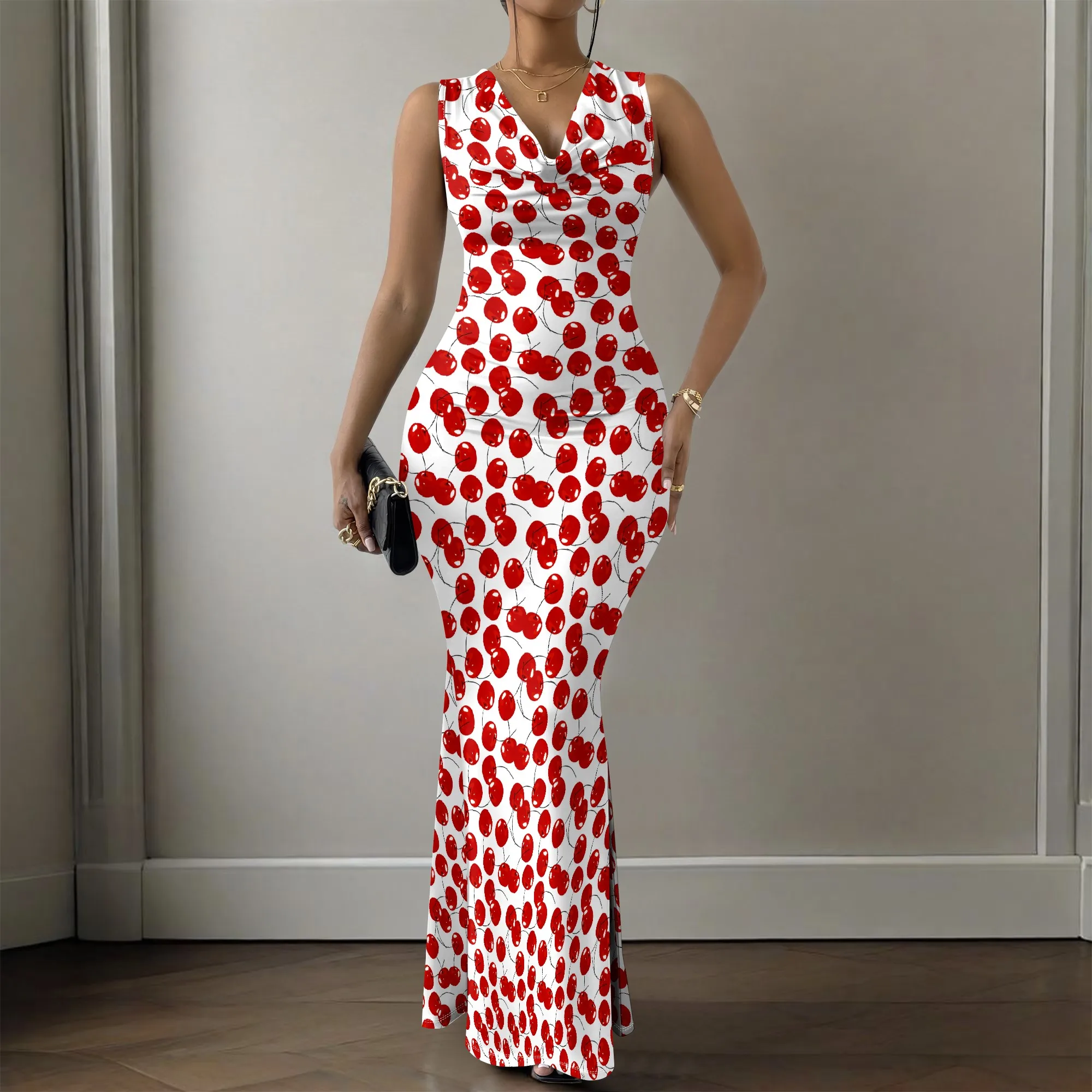 Cherry Print Sleeveless Bodycon Maxi Dress for Women Sexy Summer Party Dress V Neck White Red
Cherry Print Sleeveless Bodycon Maxi Dress for Women Sexy Summer Party Dress V Neck White Red