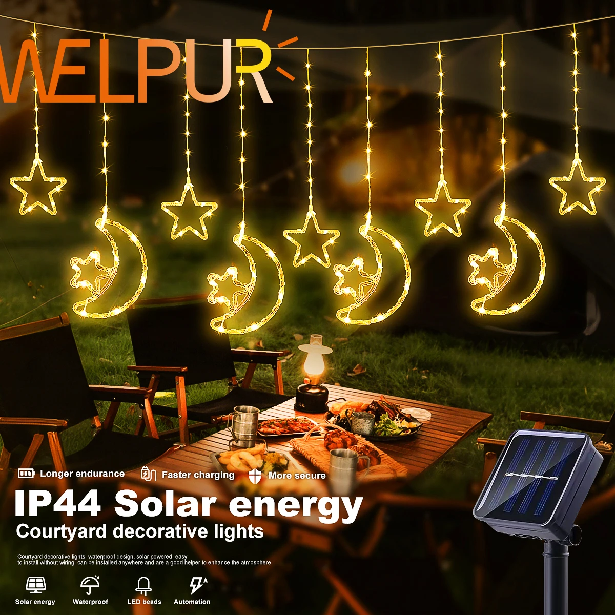 3 м 120 светодиодных солнечных звезд и лунных занавесок, 8 режимов освещения для наружного кемпинга, кафе, вечерние атмосферные декоративные огни
3 м 120 светодиодных солнечных звезд и лунных занавесок, 8 режимов освещения для наружного кемпинга, кафе, вечерние атмосферные декоративные огни