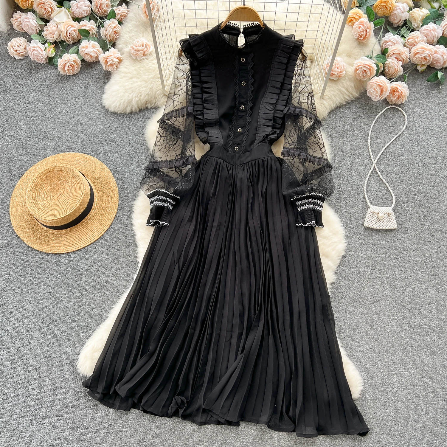 Retro Elegant Mesh Embroidery Patchwork Dress A-line Long Sleeve Casual High Waist Dress Women Pleated Dress
Retro Elegant Mesh Embroidery Patchwork Dress A-line Long Sleeve Casual High Waist Dress Women Pleated Dress