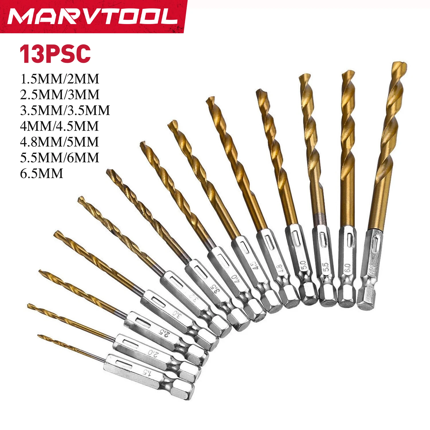 13PCS Titanium Coated HSS Drill Bit Set - Marvtool 1/4" Hex Shank for Wood Plastic Metal Aluminum Alloy Drilling
13PCS Titanium Coated HSS Drill Bit Set - Marvtool 1/4" Hex Shank for Wood Plastic Metal Aluminum Alloy Drilling