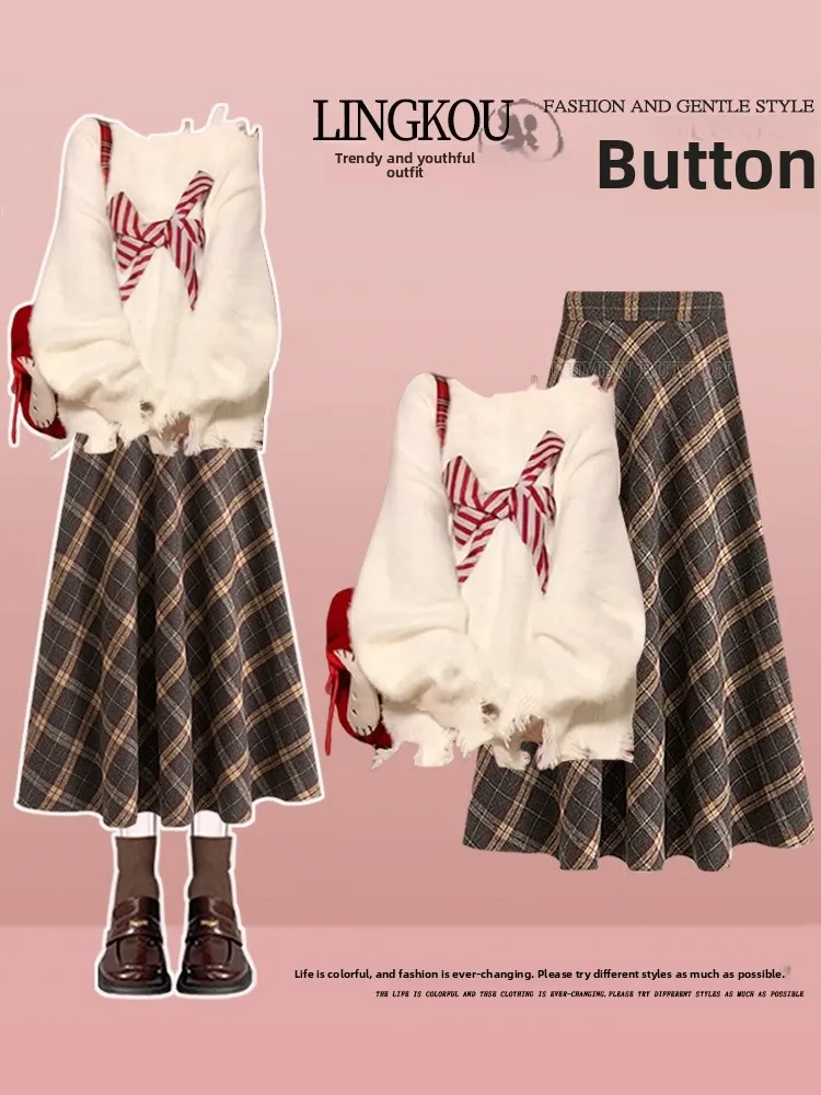 Elegant plus Size Knitted Sweater And Plaid Skirt Set High Waist Slimming Korean Style Knot Autumn Winter Outfit
Elegant plus Size Knitted Sweater And Plaid Skirt Set High Waist Slimming Korean Style Knot Autumn Winter Outfit
