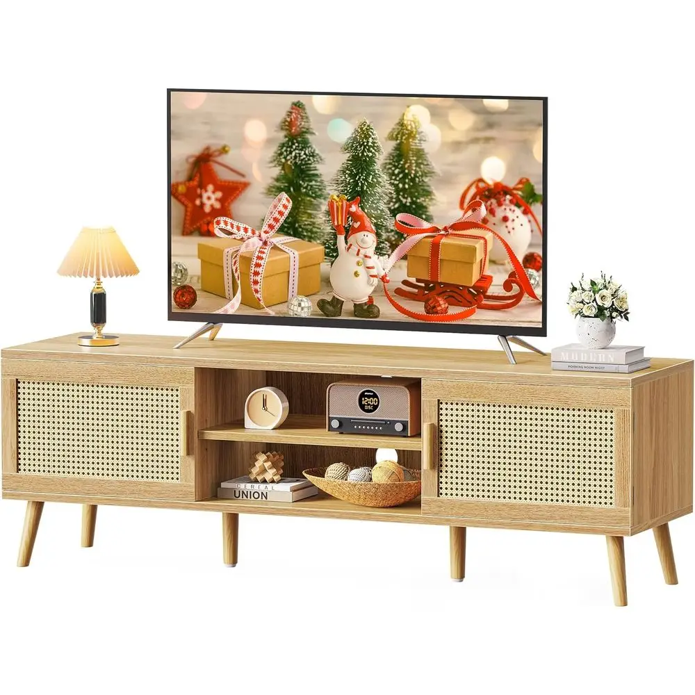 65 TV Stand with Adjustable Shelves, Rattan Basket, Media Shelf, Solid Wood, 4 Cord Holes - Natural Style
65 TV Stand with Adjustable Shelves, Rattan Basket, Media Shelf, Solid Wood, 4 Cord Holes - Natural Style