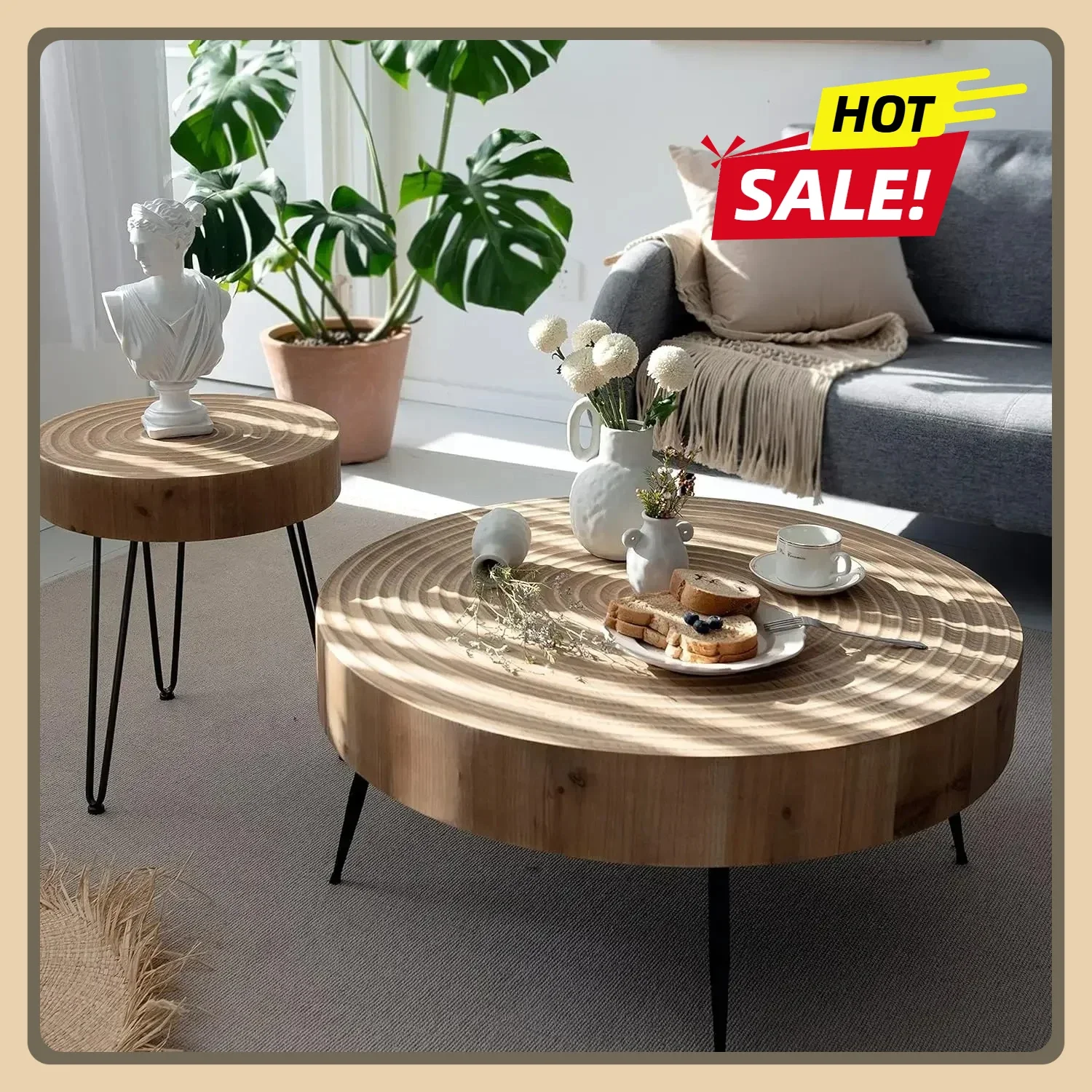 2-Piece Modern Farmhouse Living Room Coffee Table Set with Handcrafted Wood Ring Motif, Nesting Table Round Natural Finish
2-Piece Modern Farmhouse Living Room Coffee Table Set with Handcrafted Wood Ring Motif, Nesting Table Round Natural Finish