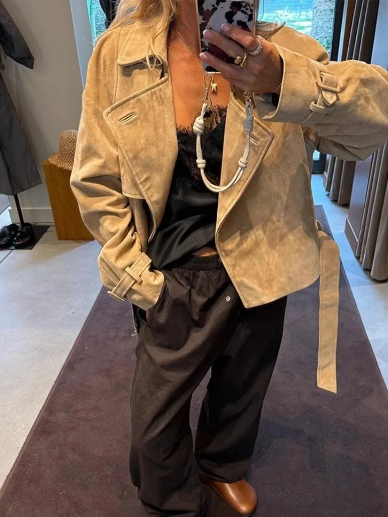 Vintage Turn-down Collar Suede Jackets Coat Women Solid Full Sleeve Belt Lace Up Short Jackets Lady Early Autumn Chic Outwear
Vintage Turn-down Collar Suede Jackets Coat Women Solid Full Sleeve Belt Lace Up Short Jackets Lady Early Autumn Chic Outwear