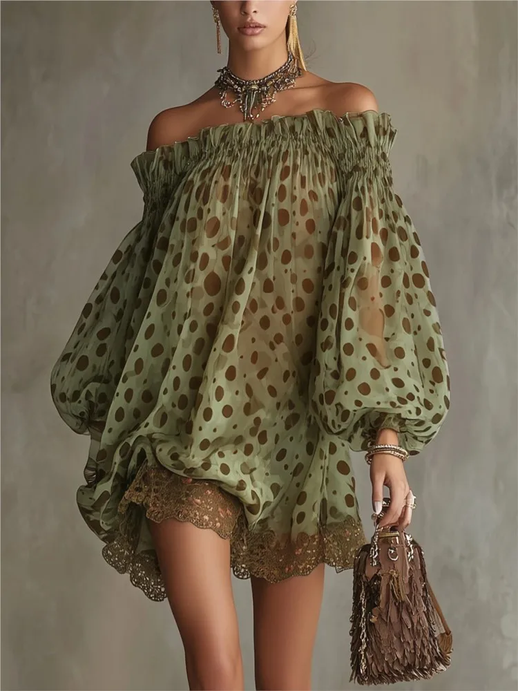 Women Fashion Elegant Polka Dot Party Mini Dresses Spring Autumn Off The Shoulder Puff Sleeve Lace Hem Loose Fit Evening Dresses
Women Fashion Elegant Polka Dot Party Mini Dresses Spring Autumn Off The Shoulder Puff Sleeve Lace Hem Loose Fit Evening Dresses