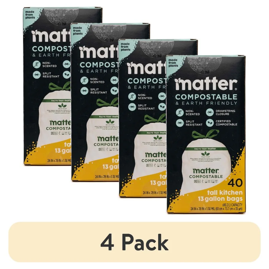 4 pack Compostable 13-Gallon Tall Kitchen Trash Bags with Drawstring 40 Count
4 pack Compostable 13-Gallon Tall Kitchen Trash Bags with Drawstring 40 Count