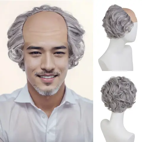 Synthetic Short Curly Wig Old Man Bald Cap Grey Mad Scientist Halloween Cosplay Wig Anime Costume Party Wigs Mustache Eyebrows