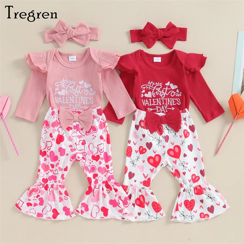 Tregren My 1st Valentine’s Day Newborn Baby Girls Clothes Ribbed Fly Sleeve Romper + Heart Print Bow Flare Pants + Cute Headband
Tregren My 1st Valentine’s Day Newborn Baby Girls Clothes Ribbed Fly Sleeve Romper + Heart Print Bow Flare Pants + Cute Headband