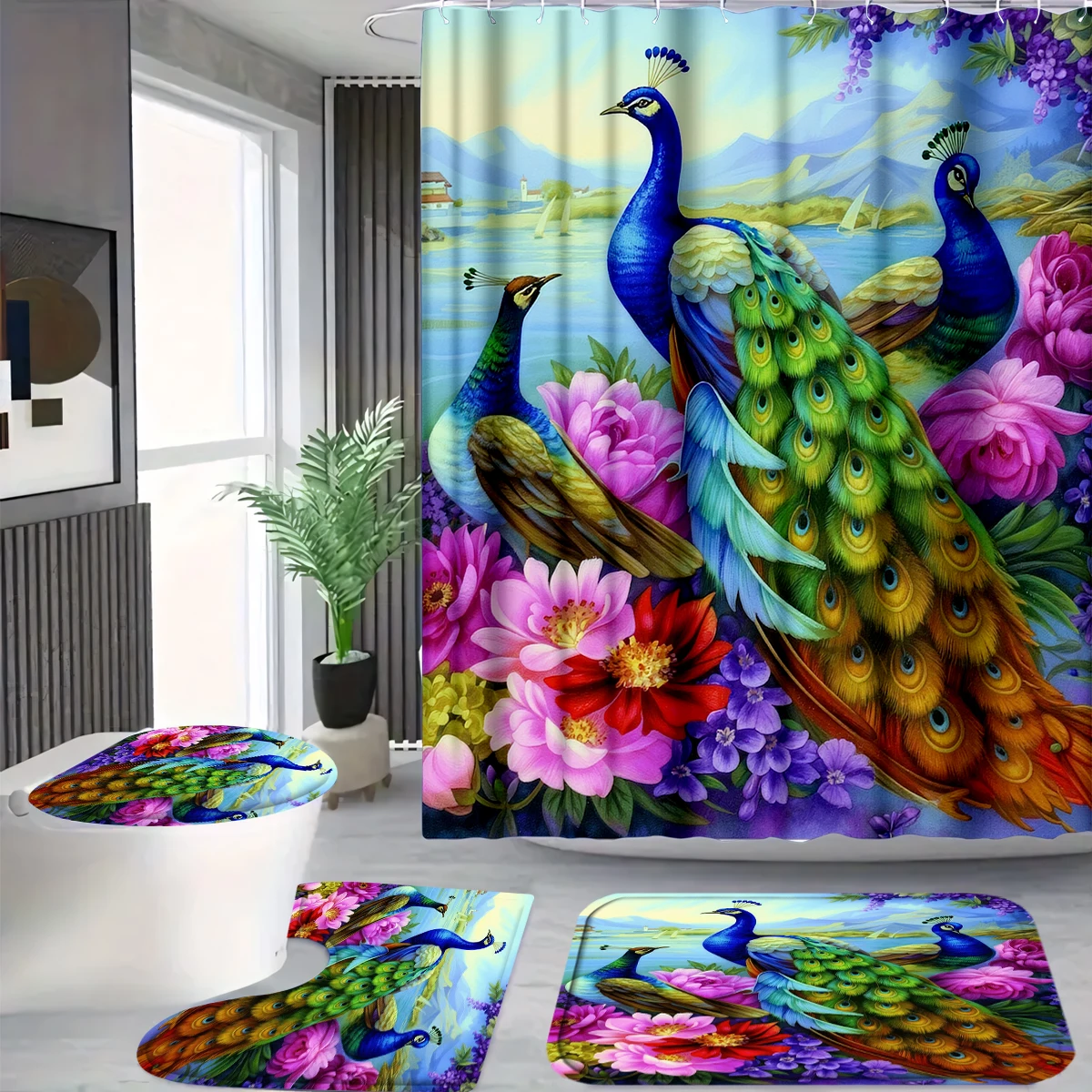 4 Pcs/Set Peacock Floral Shower Curtain Bathroom Set, Vibrant Nature Print Waterproof Mildew Resistant Fabric, Family Bathroom Decor, Elegant & Bohemian Style Bath Mat Set, Fits Apartment, Guest Bathroom, Home Use, Includes 12 Free Hooks
4 Pcs/Set Peacock Floral Shower Curtain Bathroom Set, Vibrant Nature Print Waterproof Mildew Resistant Fabric, Family Bathroom Decor, Elegant & Bohemian Style Bath Mat Set, Fits Apartment, Guest Bathroom, Home Use, Includes 12 Free Hooks