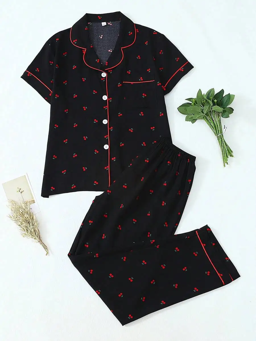 Cherry Print Pajama Set - Notched Collar Short Sleeve Top & Long Pants
Cherry Print Pajama Set - Notched Collar Short Sleeve Top & Long Pants