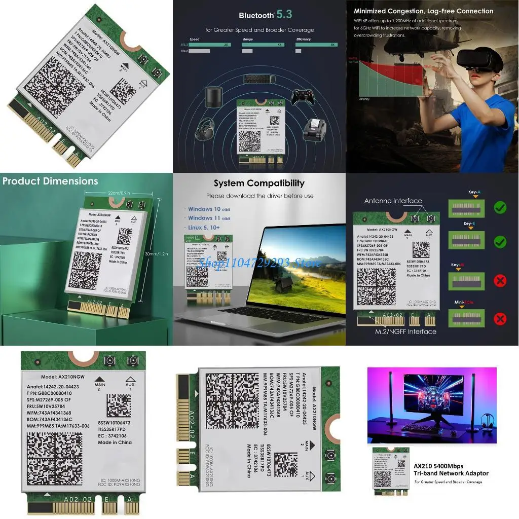 Y2GD AX210 WiFi 6E Wireless Card 2400Mbps 2400Mbps 574Mbps Triples Speed Adapters