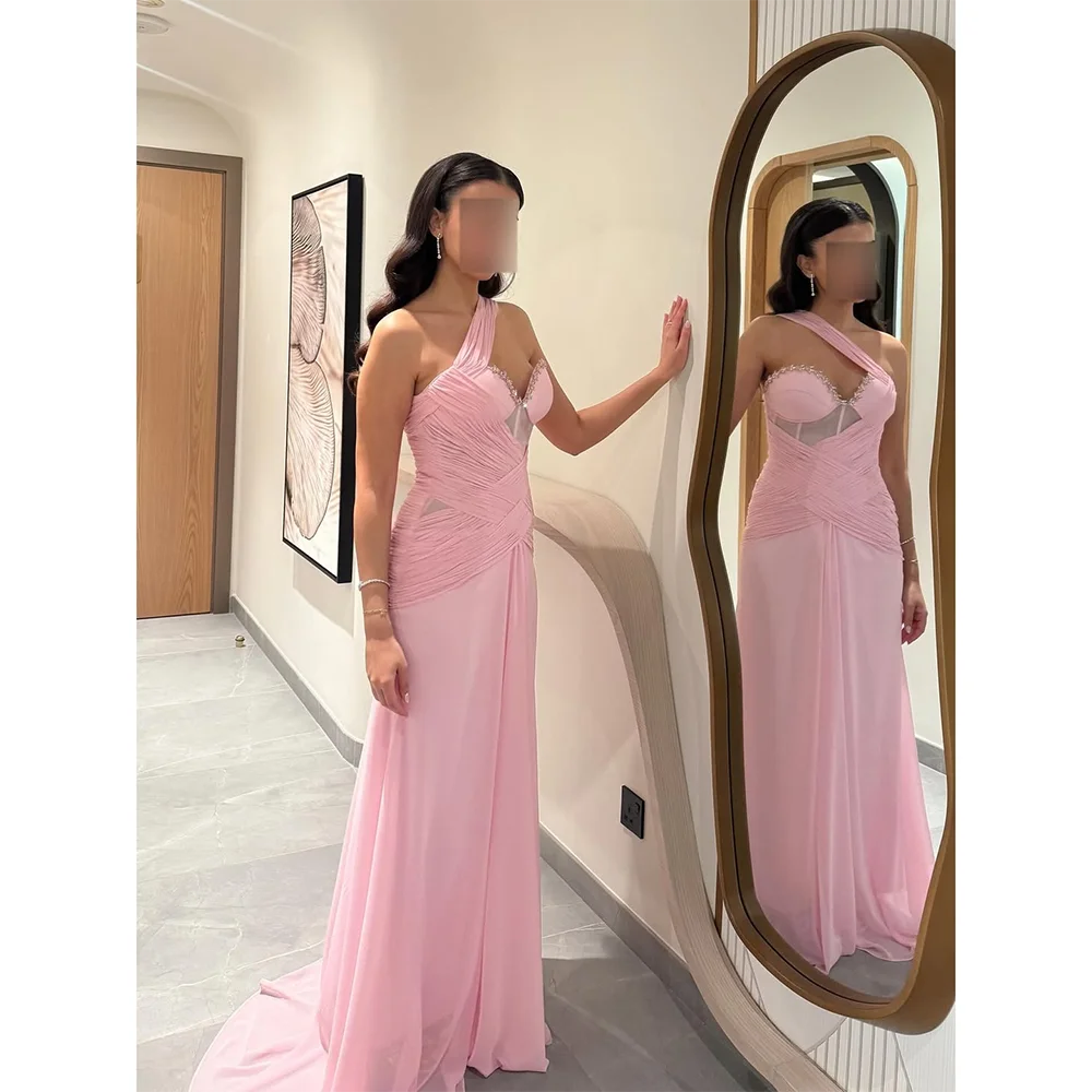 Pink Evening Dress Customized One Shoulder A Line Chiffon Pleated Formal Evening Gowns Sweetheart Neck Long Party Dress
Pink Evening Dress Customized One Shoulder A Line Chiffon Pleated Formal Evening Gowns Sweetheart Neck Long Party Dress