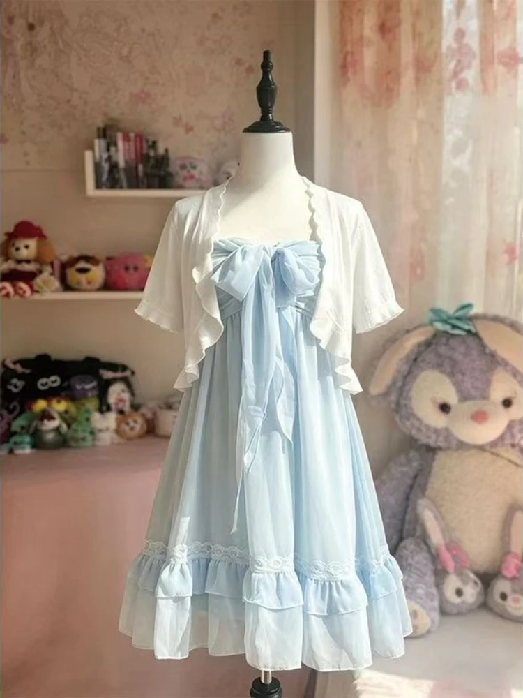 French Sweet Chiffon Light Blue Bow Ruffle Halter Neck Mini Dress 2 Piece Set Cardigan For Women Petite Summer Daily Wear Party
French Sweet Chiffon Light Blue Bow Ruffle Halter Neck Mini Dress 2 Piece Set Cardigan For Women Petite Summer Daily Wear Party