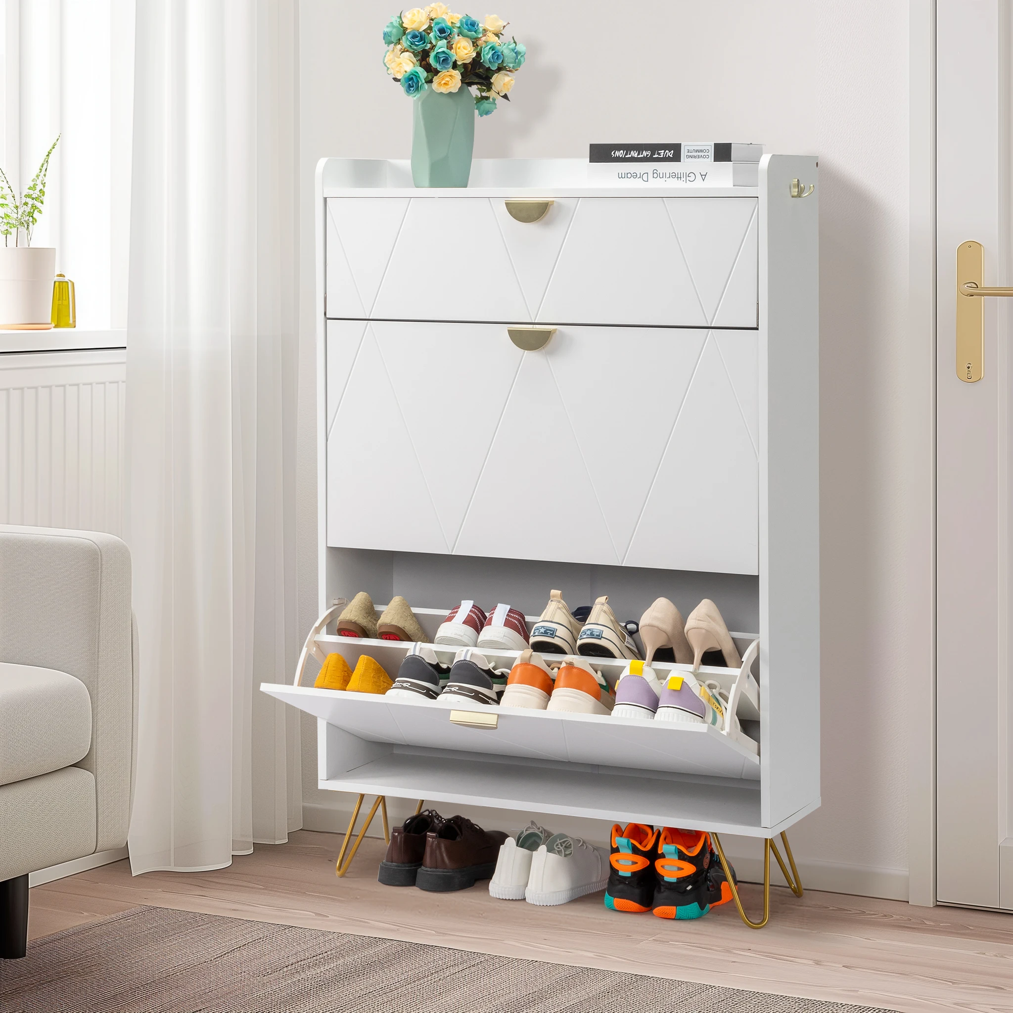V-shaped carved door panel 2 drawers with top flip drawer shoe cabinet particle board white cabinet + gold accessories
V-shaped carved door panel 2 drawers with top flip drawer shoe cabinet particle board white cabinet + gold accessories