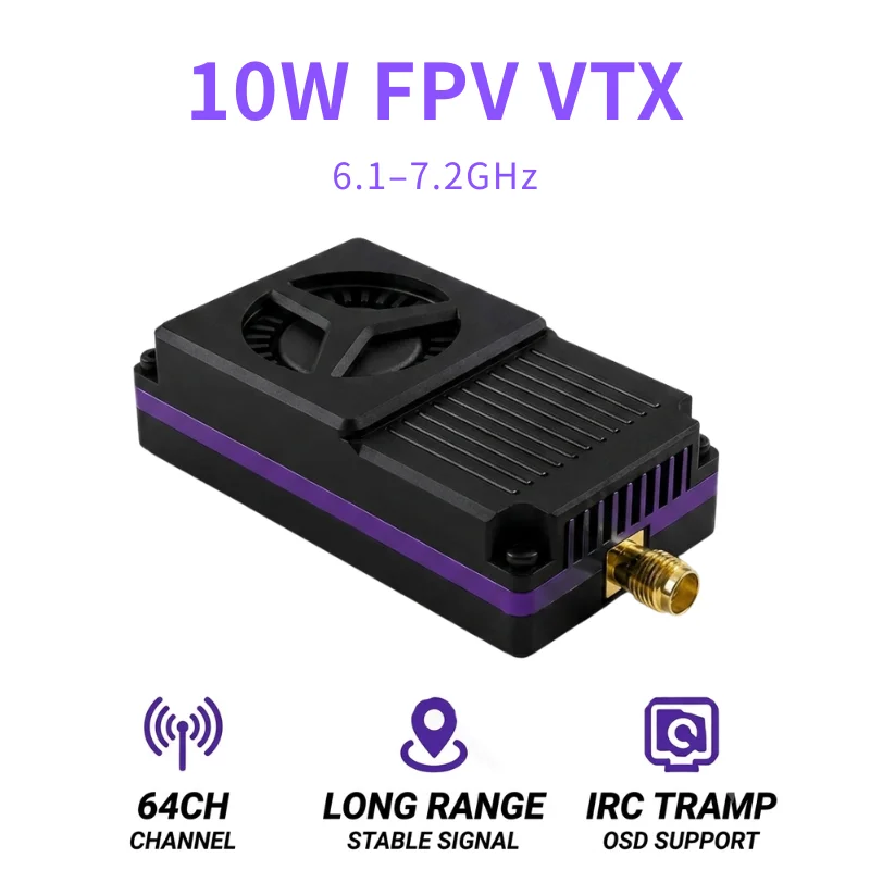 6.1G-7.2GHz High Power FPV VTX 64CH 500mW 2W 5W 10W Adjustable Video Transmitter with CNC Shell for RC FPV Long Range Drone
6.1G-7.2GHz High Power FPV VTX 64CH 500mW 2W 5W 10W Adjustable Video Transmitter with CNC Shell for RC FPV Long Range Drone