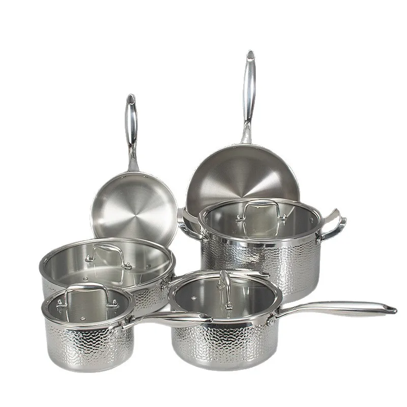 Three-layer 304 stainless steel pot set, golden handle hammer surface, suitable for induction cooker oven
Three-layer 304 stainless steel pot set, golden handle hammer surface, suitable for induction cooker oven