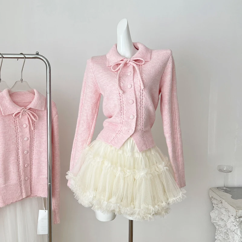 Elegant Wool Cardigans Bow Tie Pink Knitted Sweater Sweety Korean Fashion Short Cropped Tops Hollow Out Slim Tops Sweater
Elegant Wool Cardigans Bow Tie Pink Knitted Sweater Sweety Korean Fashion Short Cropped Tops Hollow Out Slim Tops Sweater