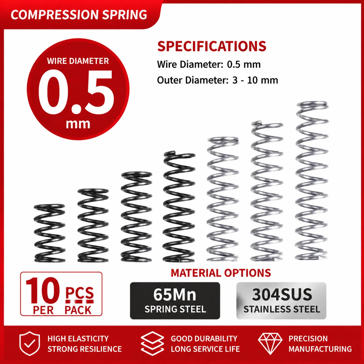10Pcs 0.5mm Micro Compression Spring - 304SUS/65MN Spring Steel OD:3/4/5/6/7/8/9/10mm Length: 5-50mm instrument springs
10Pcs 0.5mm Micro Compression Spring - 304SUS/65MN Spring Steel OD:3/4/5/6/7/8/9/10mm Length: 5-50mm instrument springs