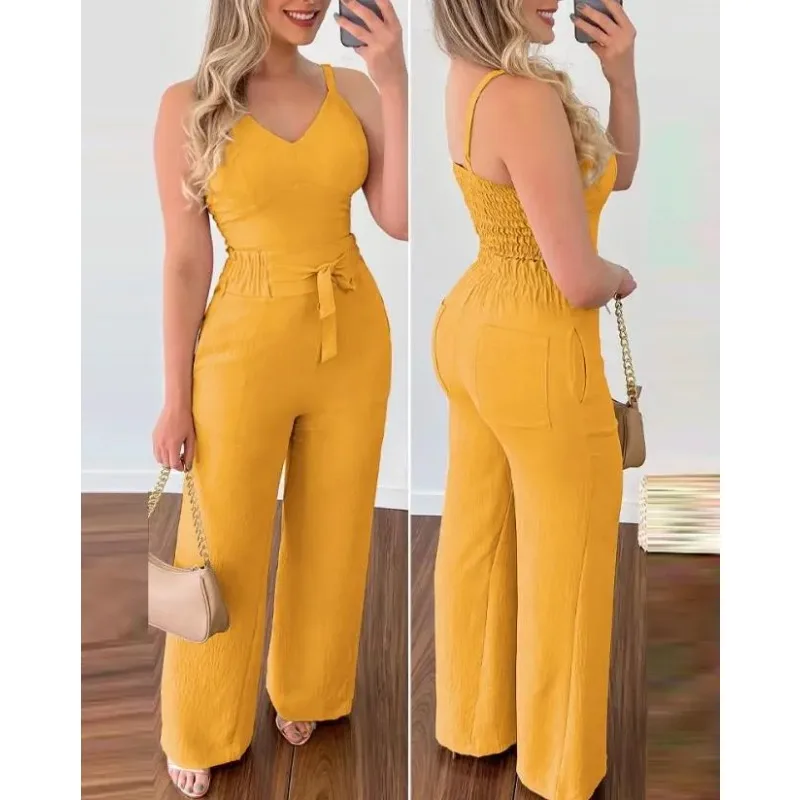 Summer Woman Long Jumpsuits Elegant Sexy V-Neck Shirred Cami Top & High Waist Pants Set New Fashion Casual One Pieces
Summer Woman Long Jumpsuits Elegant Sexy V-Neck Shirred Cami Top & High Waist Pants Set New Fashion Casual One Pieces