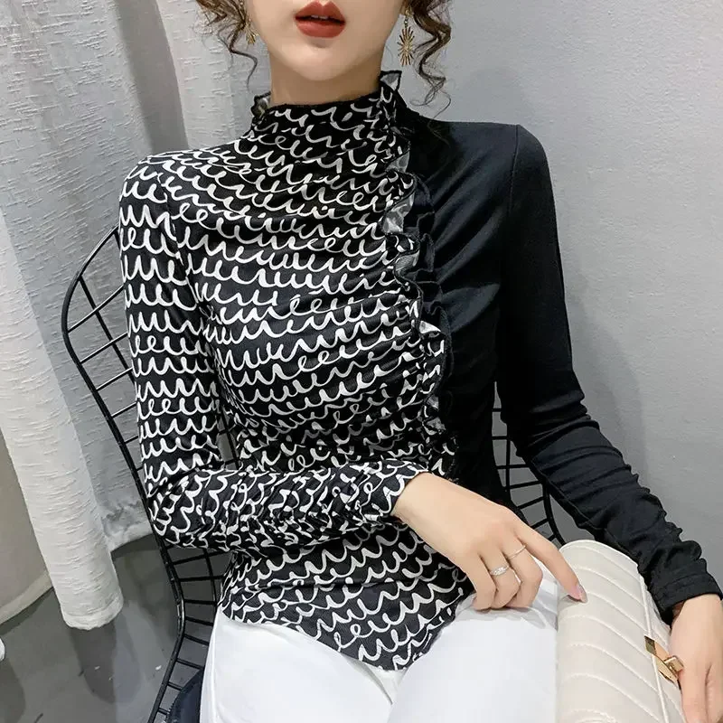 2025 Spring New Women's Spliced Color Blocked Pleated Fungus Lace Slim Long Sleeved T-shirt Tops Half High Collar Irregular
2025 Spring New Women's Spliced Color Blocked Pleated Fungus Lace Slim Long Sleeved T-shirt Tops Half High Collar Irregular