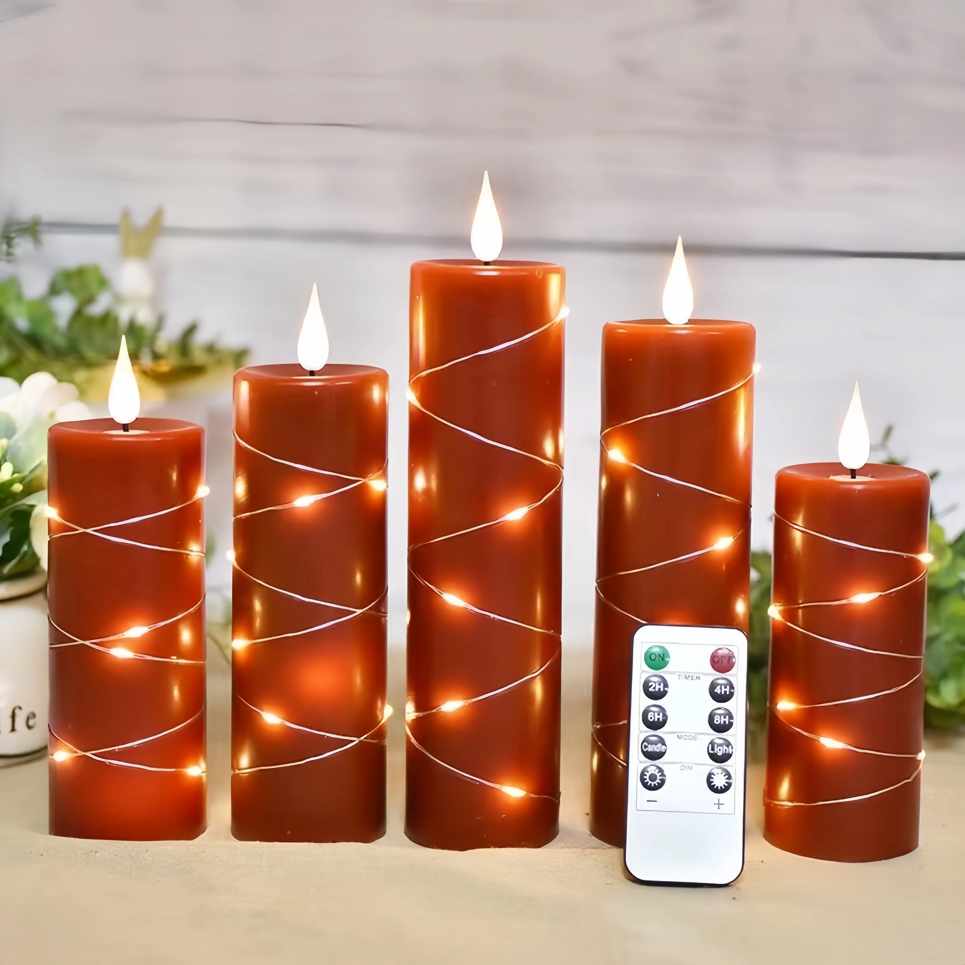 Pack of 5 Led Candle embedded Fairy String Light Electric Flickering candle w/timer Remote Control Paraffin 3D wick Table D5.5cm
Pack of 5 Led Candle embedded Fairy String Light Electric Flickering candle w/timer Remote Control Paraffin 3D wick Table D5.5cm