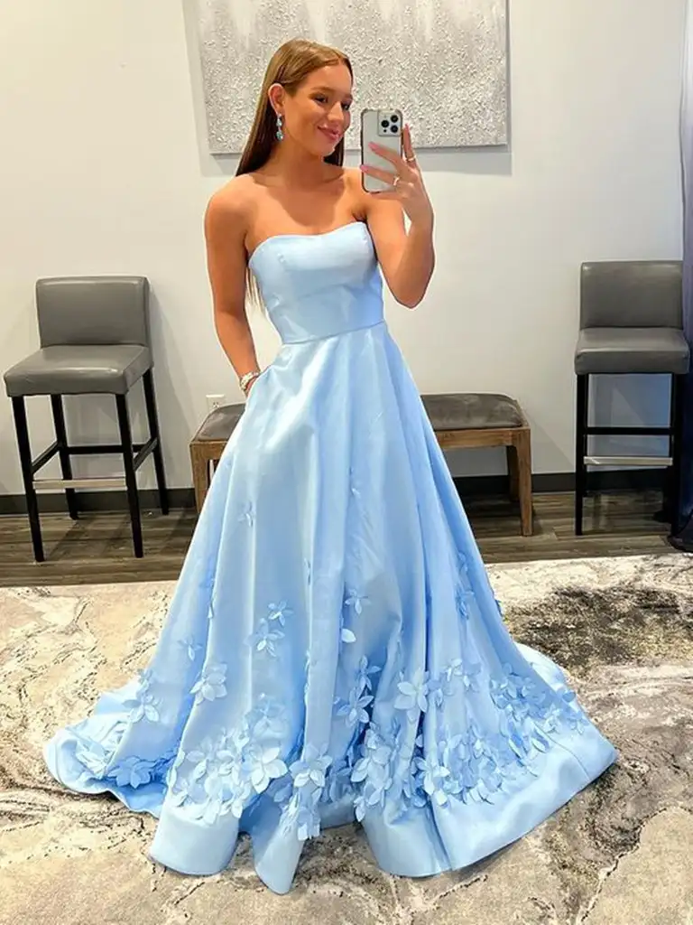 Sky Blue Evening Dresses Flowers Satin Long with Pockets Strapless Sweep Train Formal Party Elegant Prom Gowns Women
Sky Blue Evening Dresses Flowers Satin Long with Pockets Strapless Sweep Train Formal Party Elegant Prom Gowns Women