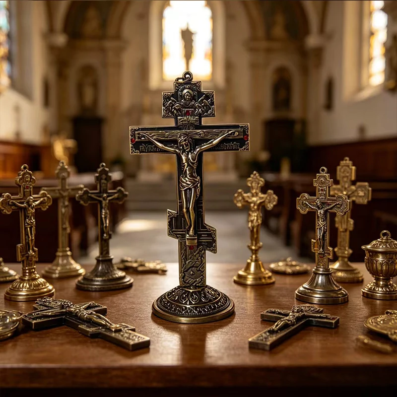 Vintage Bronze Plated Orthodox Standing Crucifix with Engraved Icons & Red Rhinestones for Catholic Christian Home Altar Prayer
Vintage Bronze Plated Orthodox Standing Crucifix with Engraved Icons & Red Rhinestones for Catholic Christian Home Altar Prayer