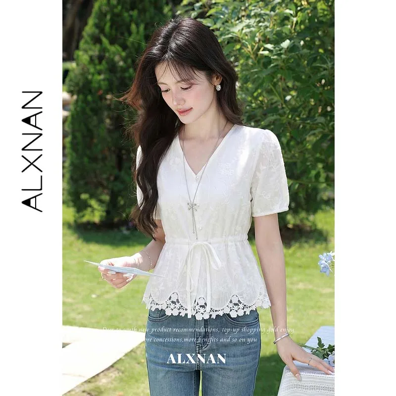 ALXNAN French V-neck White Blouse Women Plant Embroidery Tie Waist Cotton 100% Short Sleeve Tops Summer Female Shirt L66315A
ALXNAN French V-neck White Blouse Women Plant Embroidery Tie Waist Cotton 100% Short Sleeve Tops Summer Female Shirt L66315A