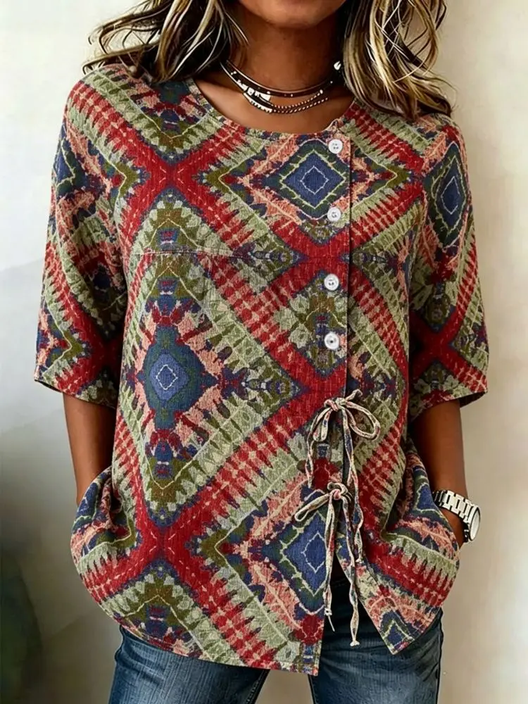 Women's Boho Geometric Print Drawstring Button Up Blouse, Casual Round Neck Tops for Spring Summer Daily Vacation Wear
Women's Boho Geometric Print Drawstring Button Up Blouse, Casual Round Neck Tops for Spring Summer Daily Vacation Wear