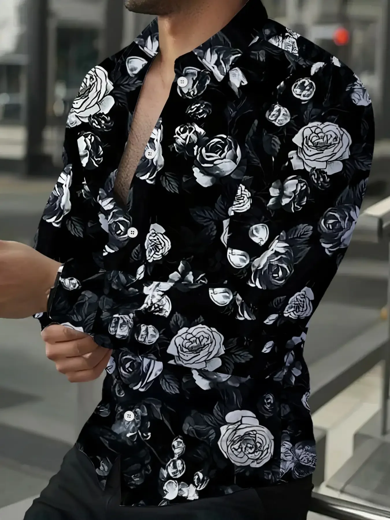 Black and white rose interwoven men's shirt: On a deep black background, gray and white roses bloom freely,
Black and white rose interwoven men's shirt: On a deep black background, gray and white roses bloom freely,