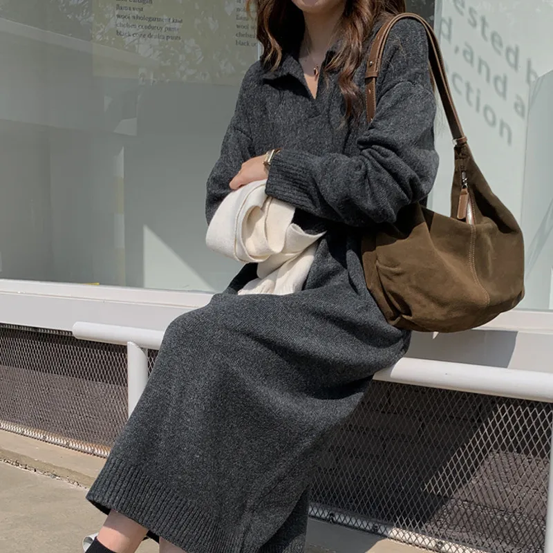 Casual Thicken Warm Loose Sweater Dress Women Autumn Winter Lapel Full Sleeve Solid Long Knitted Dress Female Vestidos
Casual Thicken Warm Loose Sweater Dress Women Autumn Winter Lapel Full Sleeve Solid Long Knitted Dress Female Vestidos