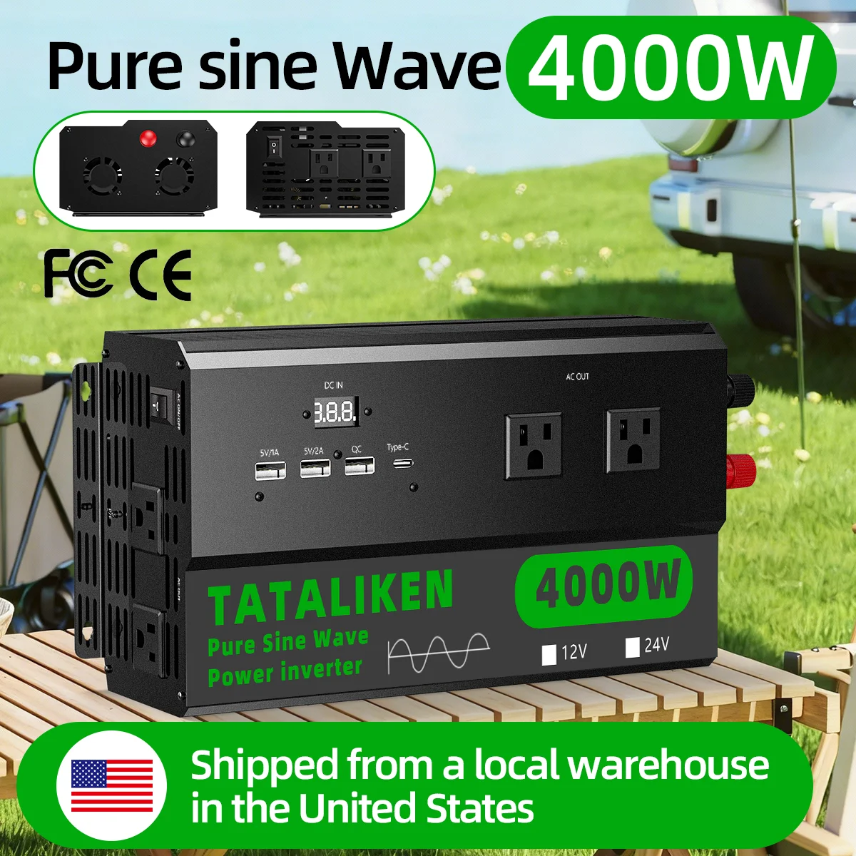 Tataliken 4000W Inverter 12V/24V to 110V US Standard - Black Aluminum Alloy Simple Sleek Dual Voltage
Tataliken 4000W Inverter 12V/24V to 110V US Standard - Black Aluminum Alloy Simple Sleek Dual Voltage