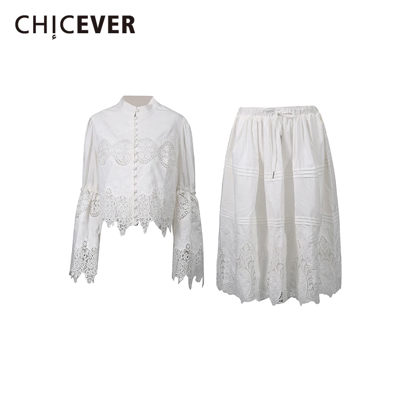 CHICEVER Solid Spliced Hollow Out Two Piece Set Female Stand Collar Long Sleeve Shirt Retro Gentle Women's Skirt Sets Autumn New
CHICEVER Solid Spliced Hollow Out Two Piece Set Female Stand Collar Long Sleeve Shirt Retro Gentle Women's Skirt Sets Autumn New