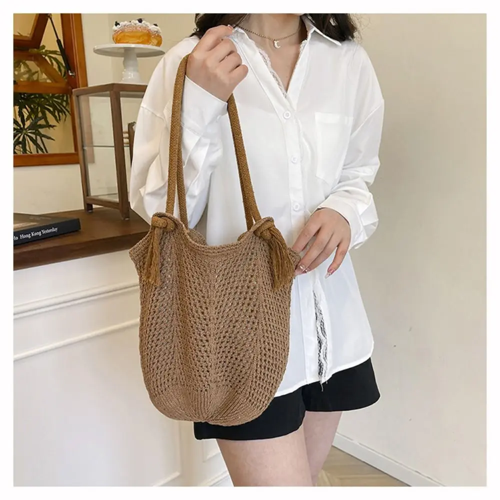 Durable Bohemian Knitted Shoulder Bag Sweet Solid Color Casual Woven Handbag Large Capacity Spacious Crochet Tote Bag Picnic 
Durable Bohemian Knitted Shoulder Bag Sweet Solid Color Casual Woven Handbag Large Capacity Spacious Crochet Tote Bag Picnic