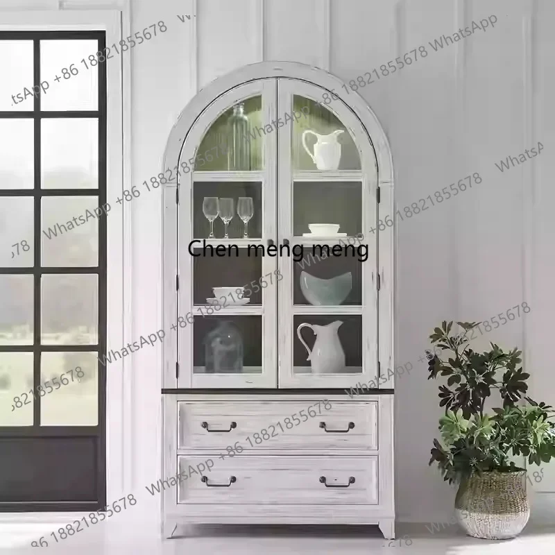 American retro old solid wood arched dining side wine cabinet living room oak double door display glass bookcase
American retro old solid wood arched dining side wine cabinet living room oak double door display glass bookcase