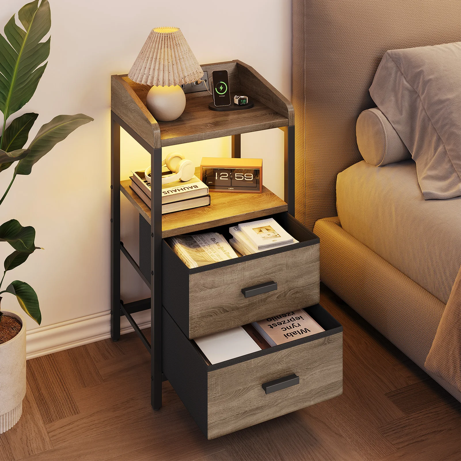Nightstand with Charging Station USB Ports AC Outlet Bedside Modern End Side Table with Guardrail Storage Shelf 2 Fabric Drawers
Nightstand with Charging Station USB Ports AC Outlet Bedside Modern End Side Table with Guardrail Storage Shelf 2 Fabric Drawers